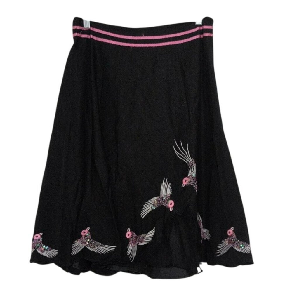 Canyon Road Bird Sequin Midi Skirt Womens Size 8 Black Cotton Spandex A Line